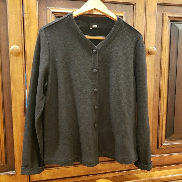 Like NEW Eileen Fisher Black 100% Wool Button Front V-neck Cardigan Medium - Picture 8 of 8